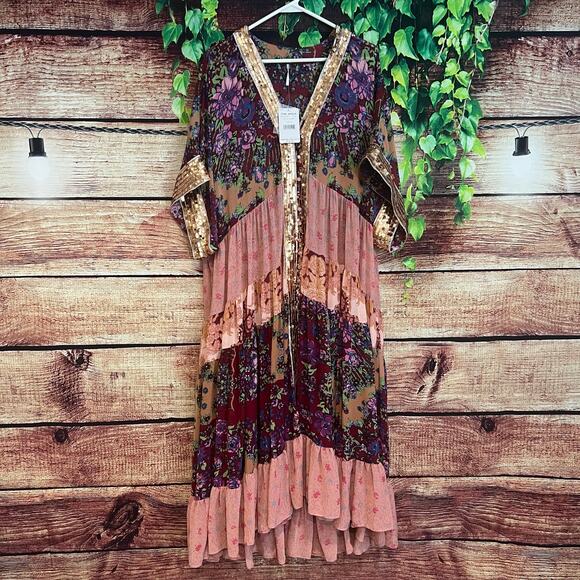 NWT Free People One Fine Day Maxi Duster Kimono Large Sheer Sequin Tiered Dress - Picture 4 of 8